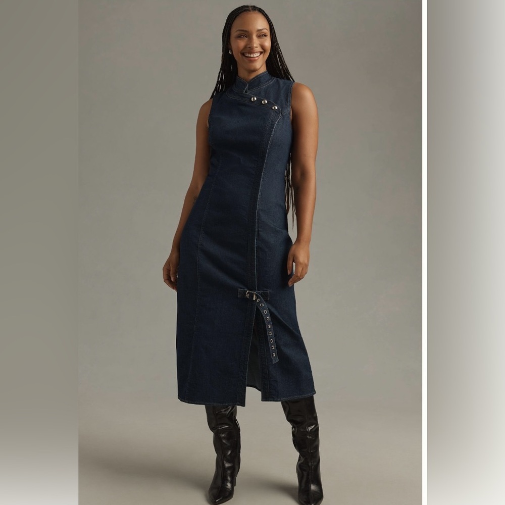 Anthropologie Porridge Navy Denim  Off-the-Shoulder Sleeveless Midi Dress NWOT